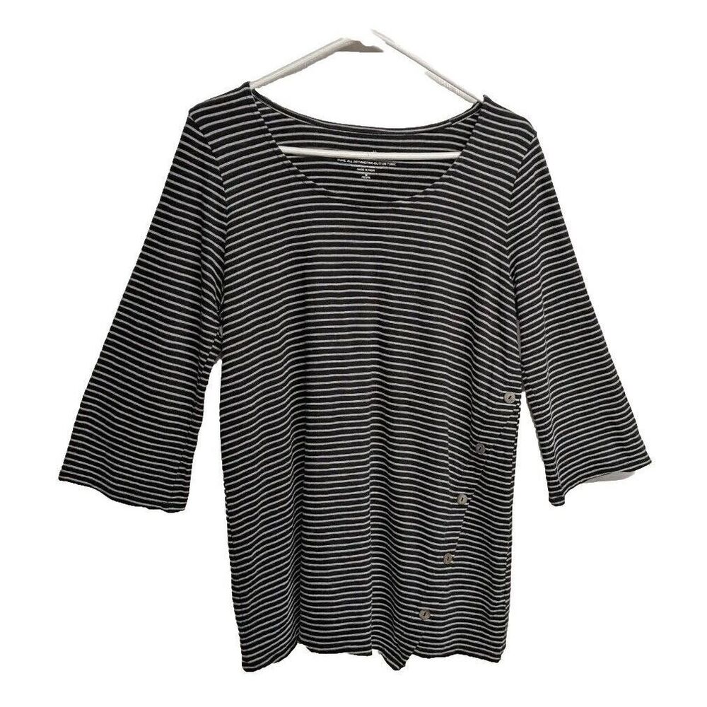 Pure Jill Shirt Stripes 3/4 Sleeves Asymmetric-Button Tunic Top Black Petite Med